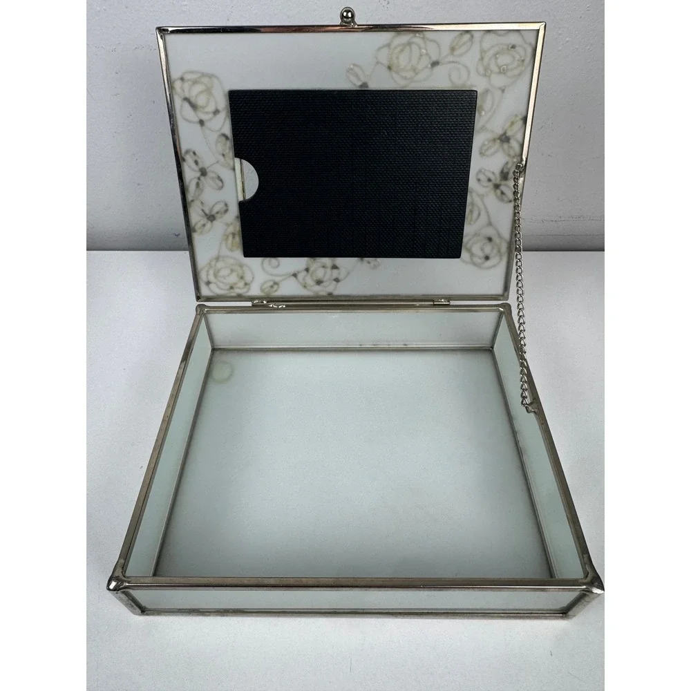 Vtg Frosted Glass Trinket Box Silver Rose Filigree Picture Frame Jewelry